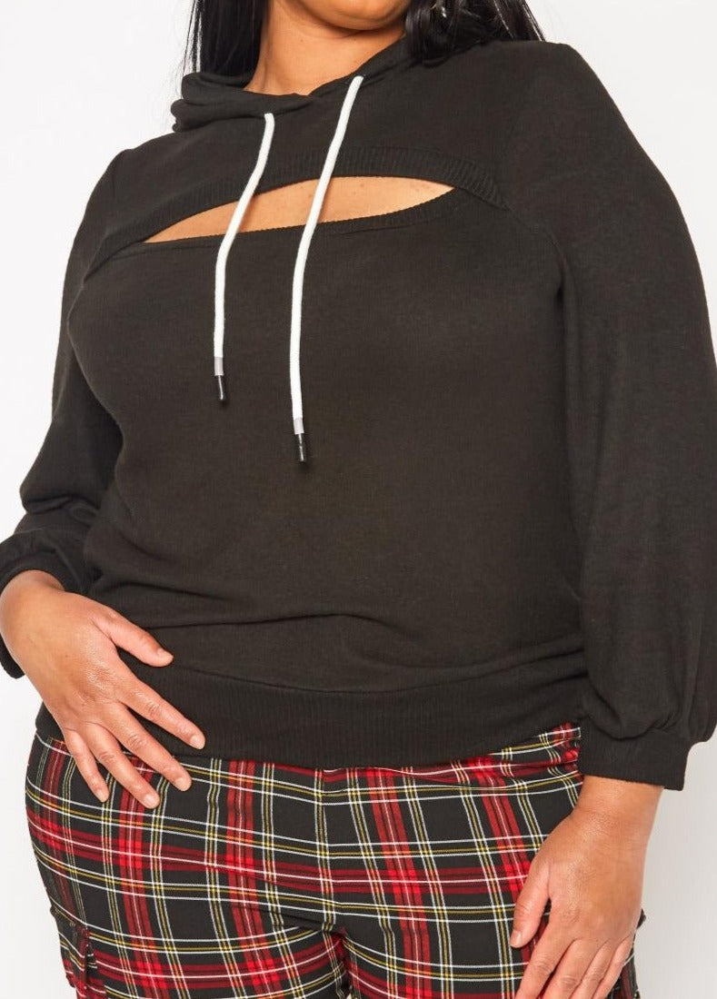 Hi Curvy Plus Size Women  Cut Out Hooded Sweater