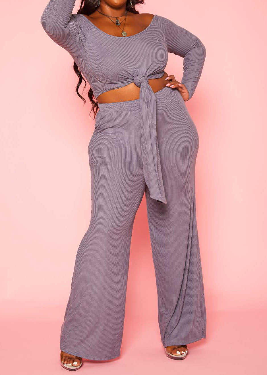 Hi Curvy Plus Size Women Ribbed Knit Long Sleeve Top & Pants Set