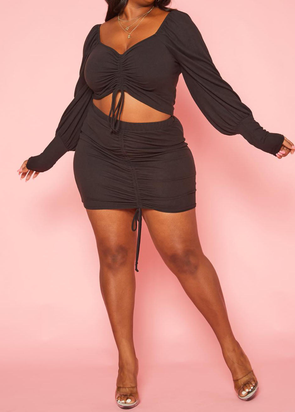 Hi Curvy Plus Size Drawstring Hem Top & Mini Skirt Set