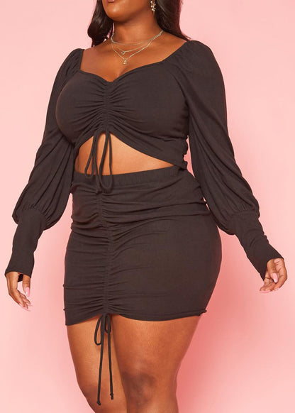 Hi Curvy Plus Size Drawstring Hem Top & Mini Skirt Set