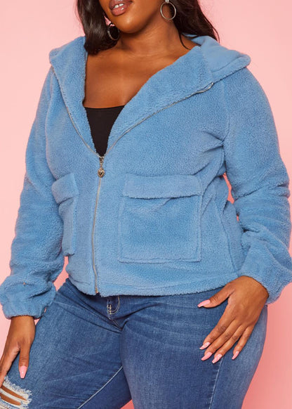 HI Curvy Plus Size Women  Faux Fur Hooded Zip Front Sweater Jacket with Pockets