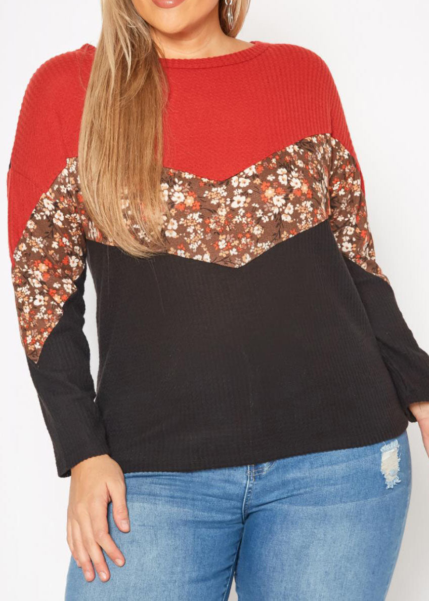 Hi Curvy Plus Size Women Waffle Knit Color Block Sweater Made in USA
