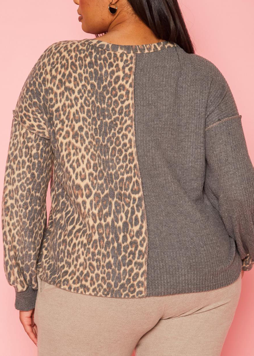 Hi Curvy Plus Size Women Leopard Splice Knitted Sweatshirts