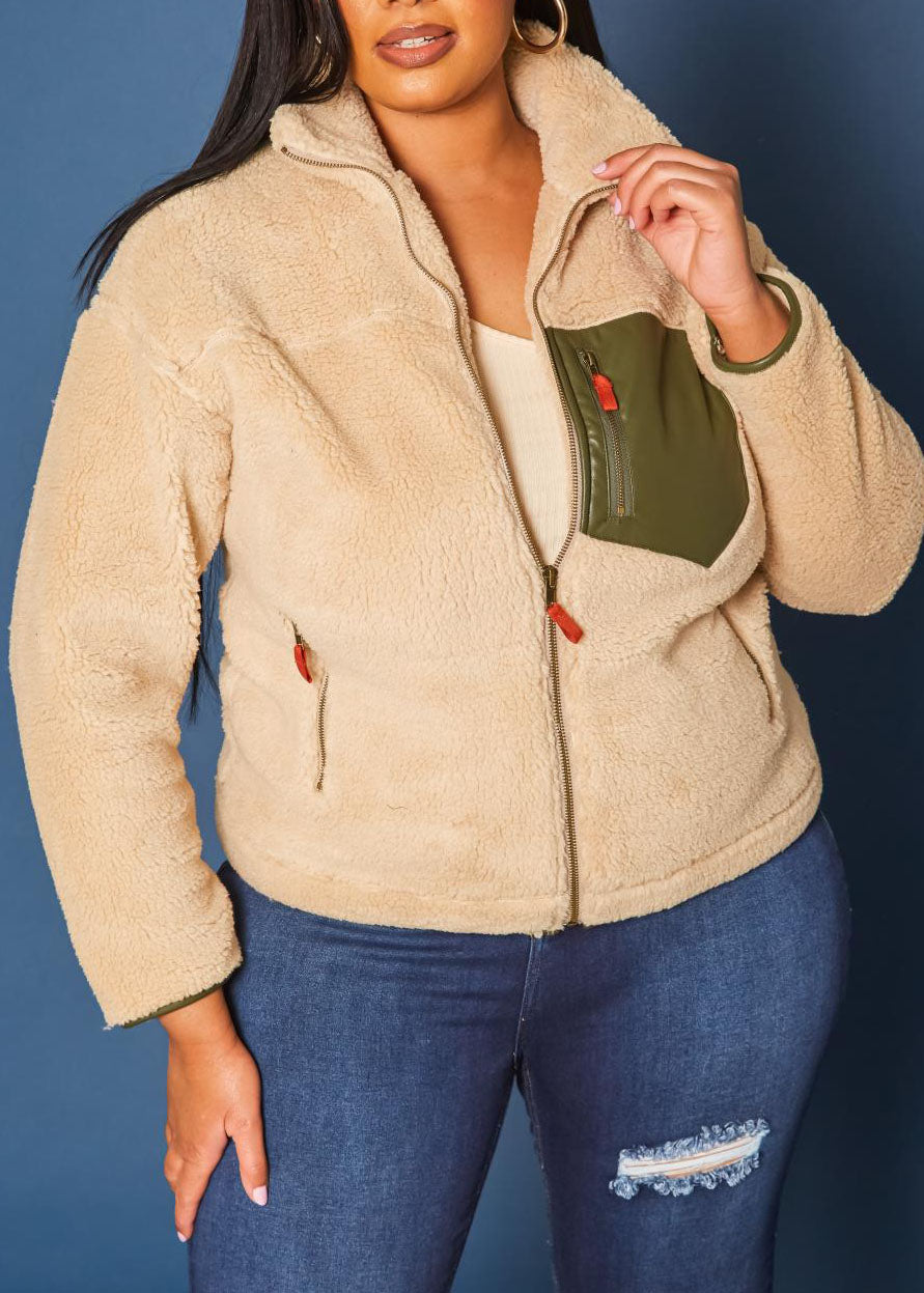 HI Curvy Plus Size Women Faux Fur Pocket Hem Jacket  with Zipper