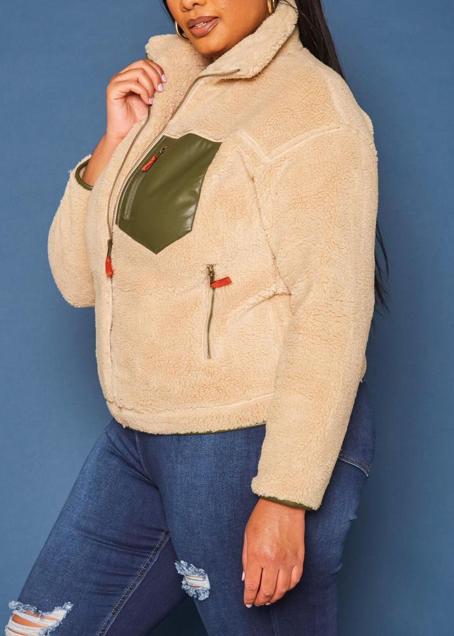 HI Curvy Plus Size Women Faux Fur Pocket Hem Jacket  with Zipper