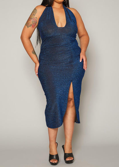 Hi Curvy Plus Size Women Shimmer Halter Neck Bodycon Dress