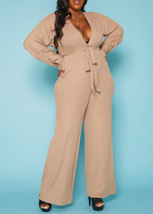 Plus Size Long Sleeves Ribbed Deep V Neck Flare Jumpsuit