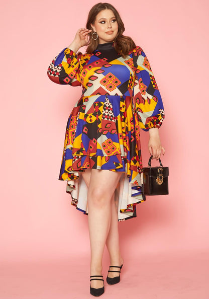 Plus Size Geo Print High To Low Flare Dress Made in USA