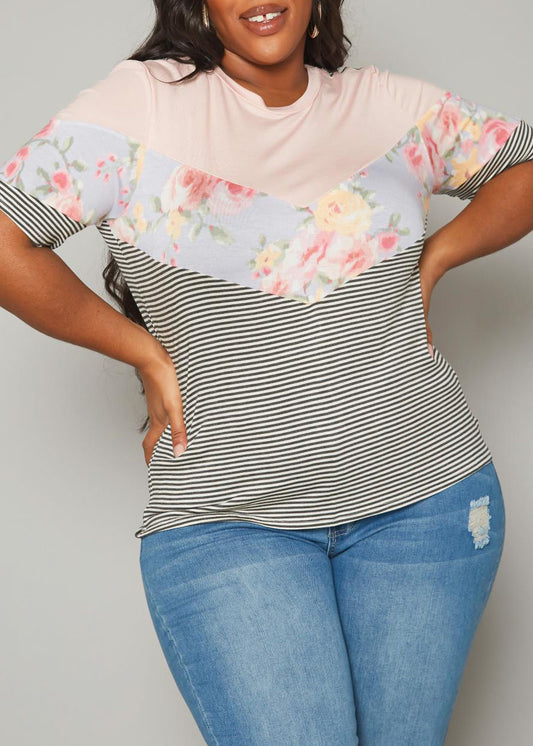 Hi Curvy Plus Size Women Multi Print Short Sleeve Shirts Made In USA