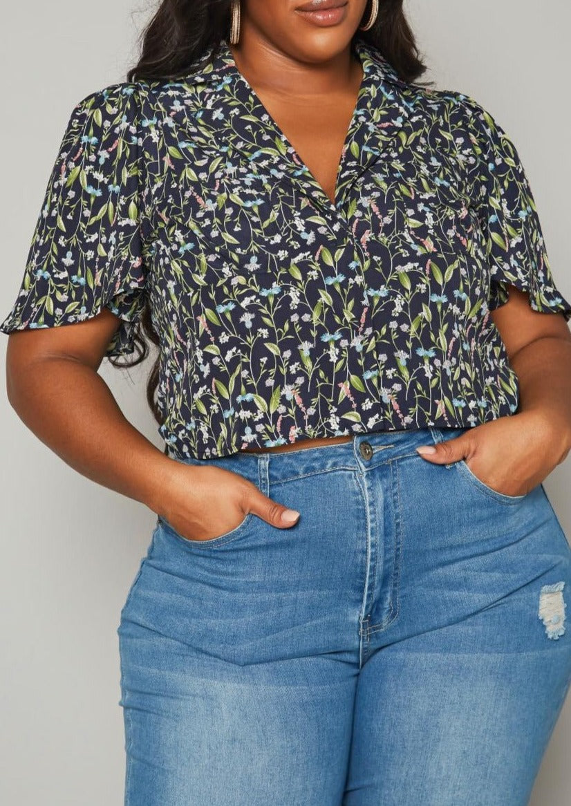 Hi Curvy Plus Size Women Floral Pattern Collar Neck Shirt