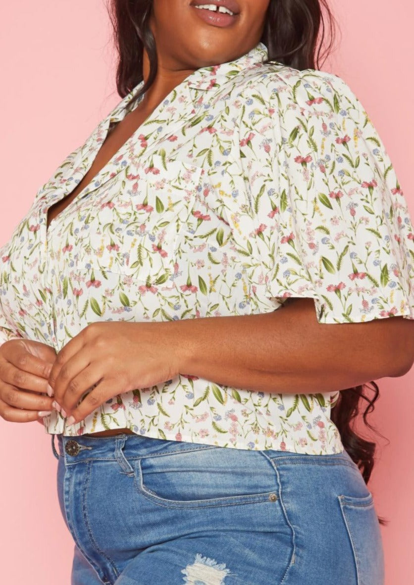 Hi Curvy Plus Size Women Floral Pattern Collar Neck Shirt