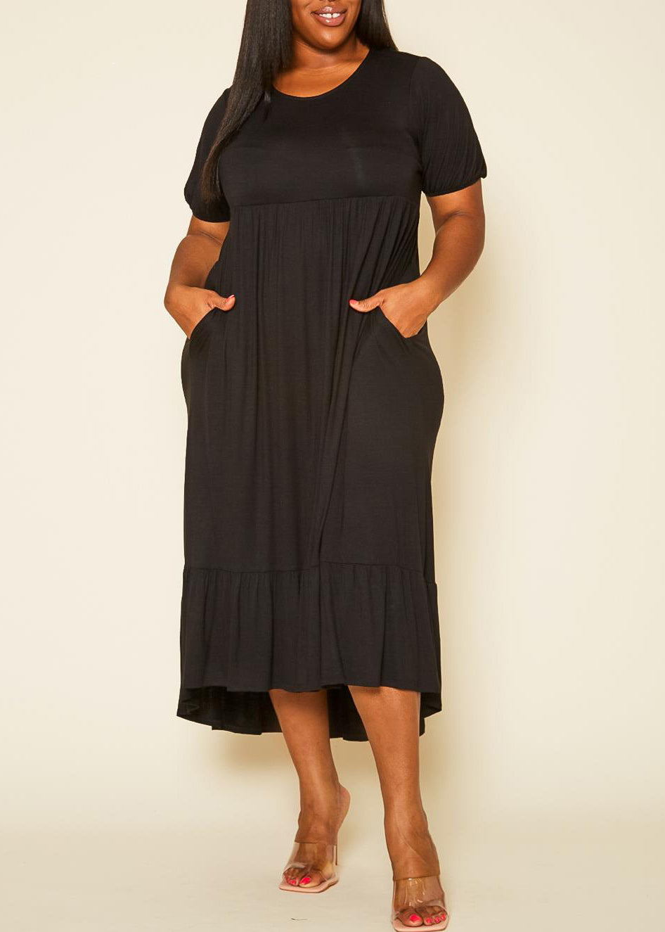 Plus Size Short Sleeve Embroidered Back  Flare Maxi Dress