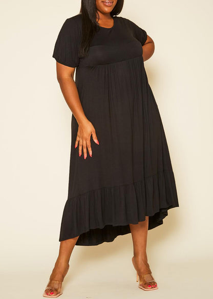 Plus Size Short Sleeve Embroidered Back  Flare Maxi Dress