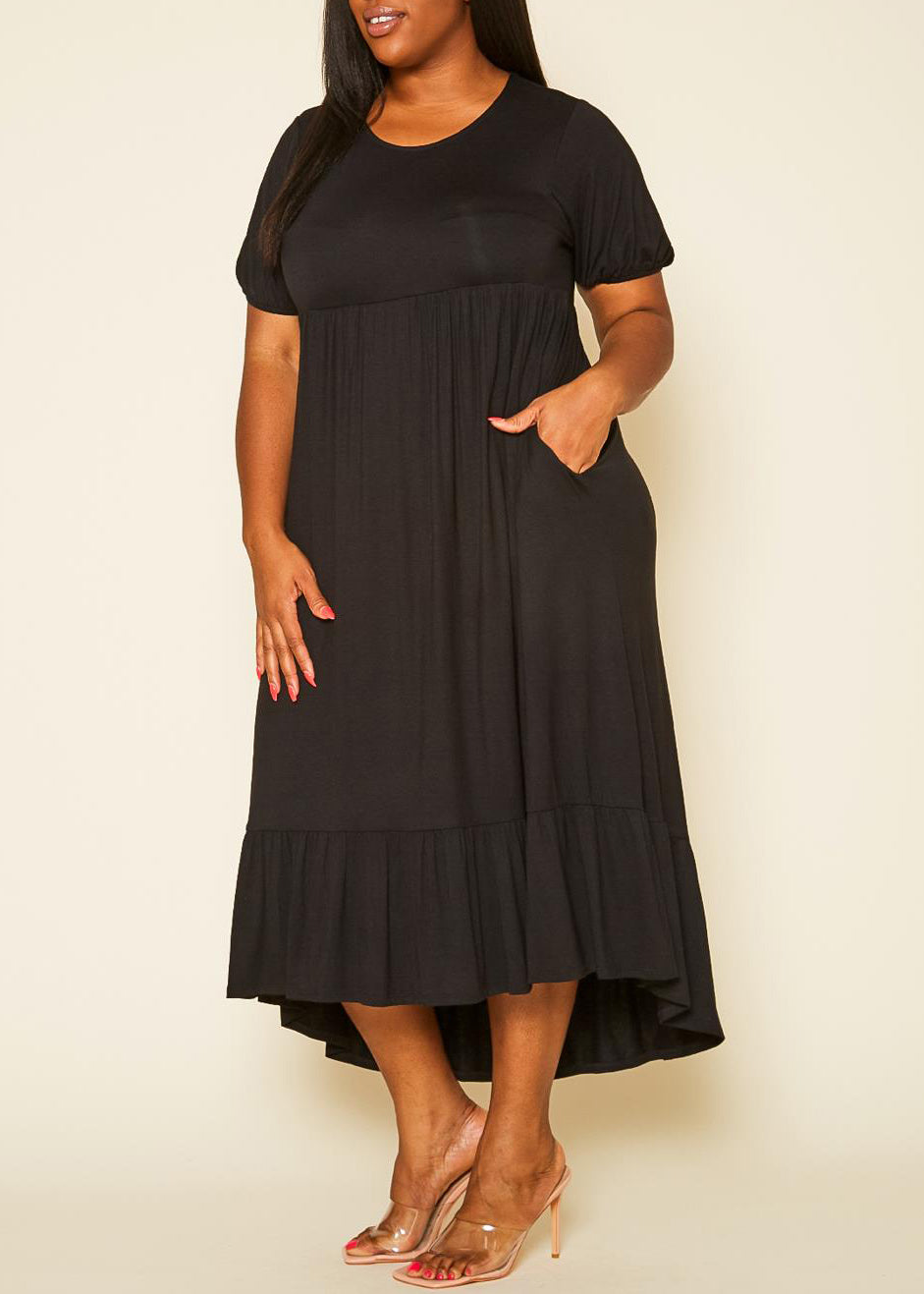 Plus Size Short Sleeve Embroidered Back  Flare Maxi Dress
