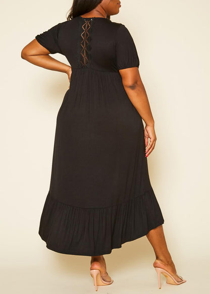 Plus Size Short Sleeve Embroidered Back  Flare Maxi Dress