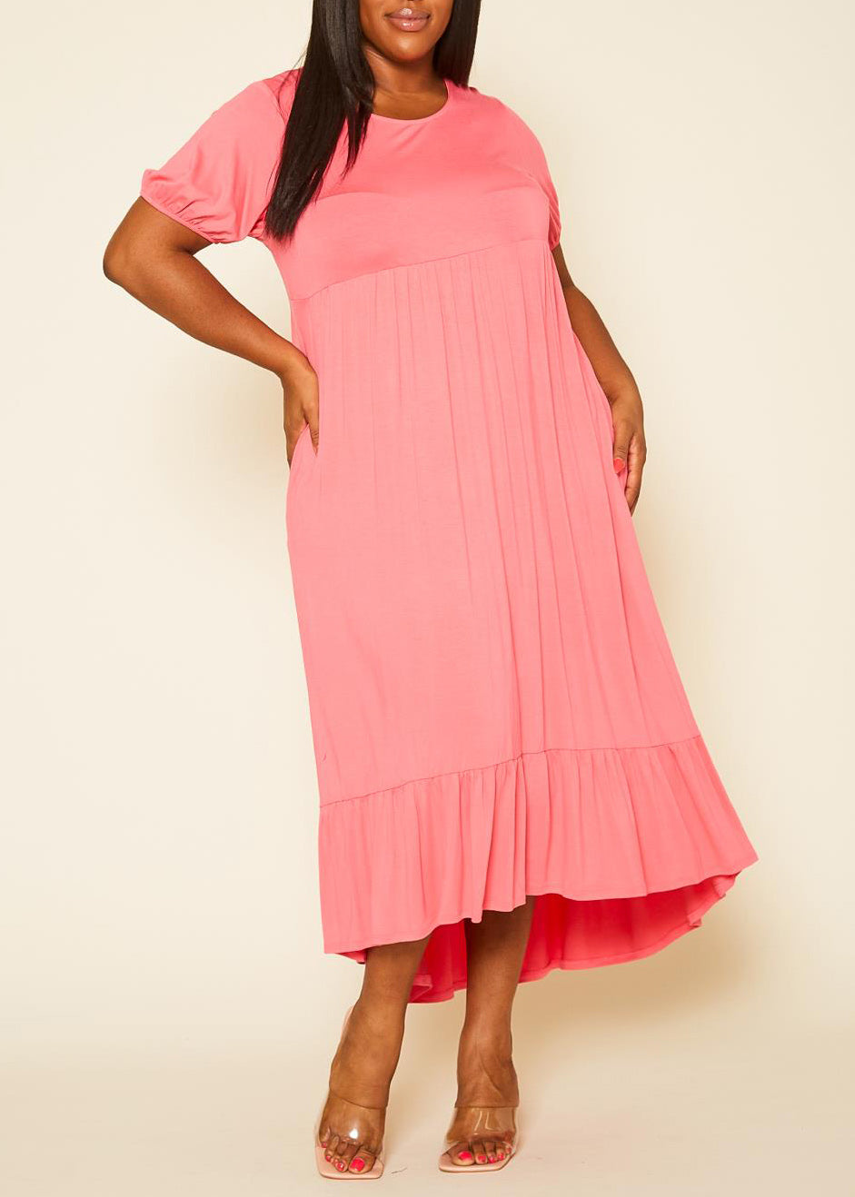 Plus Size Short Sleeve Embroidered Back  Flare Maxi Dress