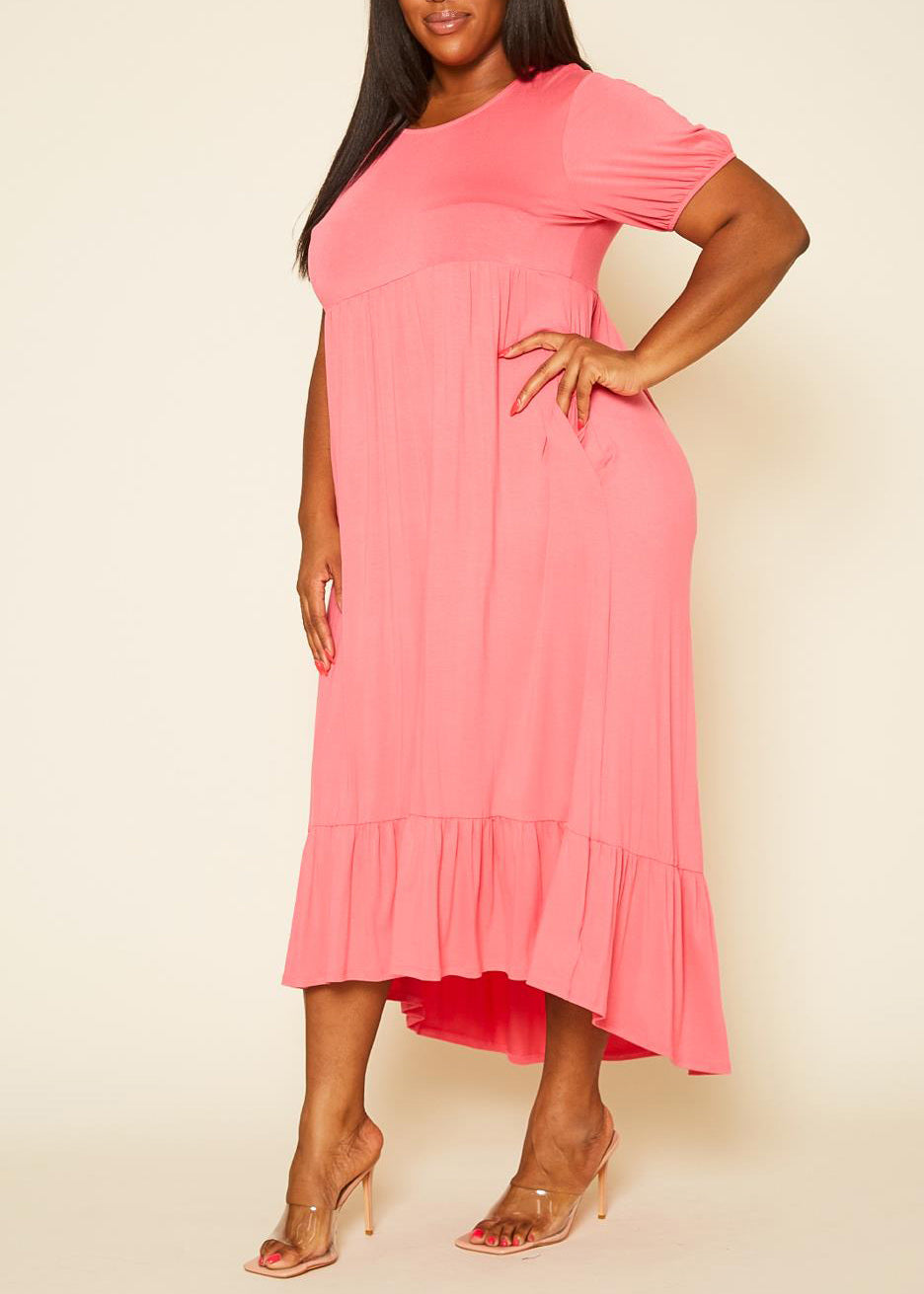 Plus Size Short Sleeve Embroidered Back  Flare Maxi Dress