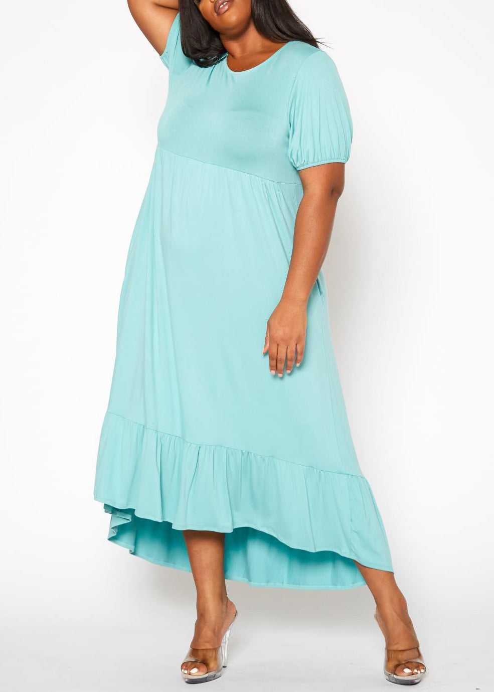 Plus Size Short Sleeve Embroidered Back  Flare Maxi Dress