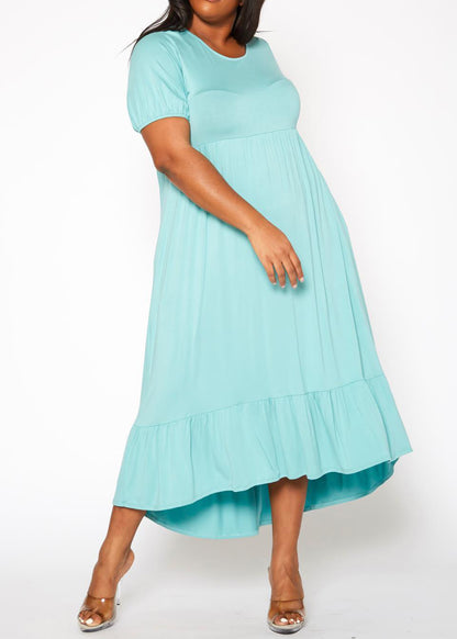 Plus Size Short Sleeve Embroidered Back  Flare Maxi Dress