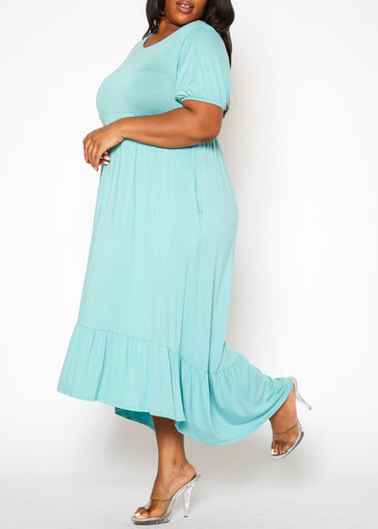Plus Size Short Sleeve Embroidered Back  Flare Maxi Dress
