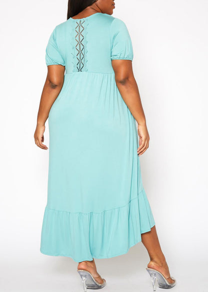 Plus Size Short Sleeve Embroidered Back  Flare Maxi Dress