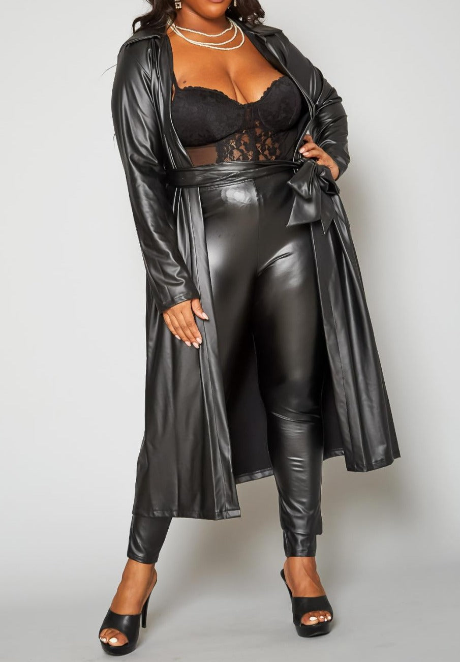 Hi Curvy Plus Size Women PU Leather Longline Jacket & Legging Set