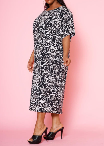Hi Curvy Plus Size Women Rose Bloom Print Midi Dress