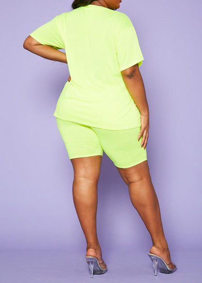 Hi Curvy Plus Size Women Neon Basic T-Shirt & Biker Shorts Set