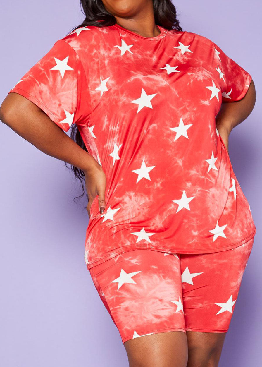 Hi Curvy Plus Size Women Stars Print T-Shirt and  Biker Shorts Sets