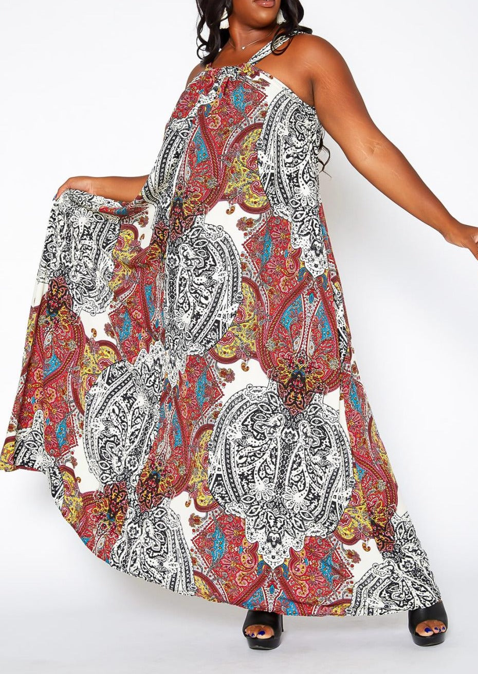 Hi Curvy Plus Size Women Paisley Print maxi Flare Dress with Pockets Made In USA