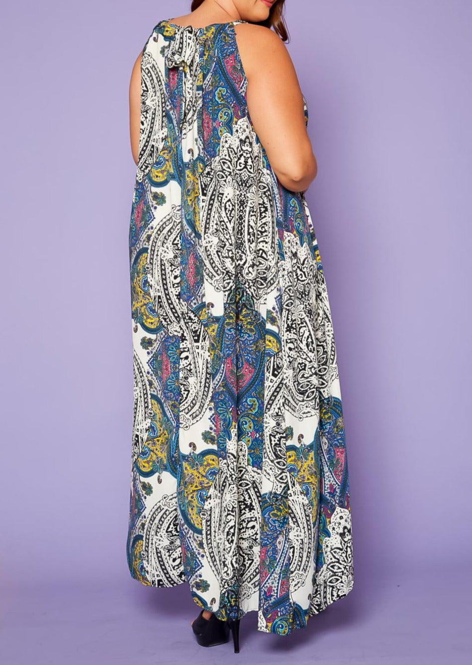 Hi Curvy Plus Size Women Paisley Print maxi Flare Dress with Pockets Made In USA