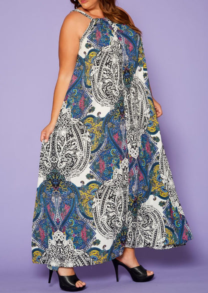 Hi Curvy Plus Size Women Paisley Print maxi Flare Dress with Pockets Made In USA