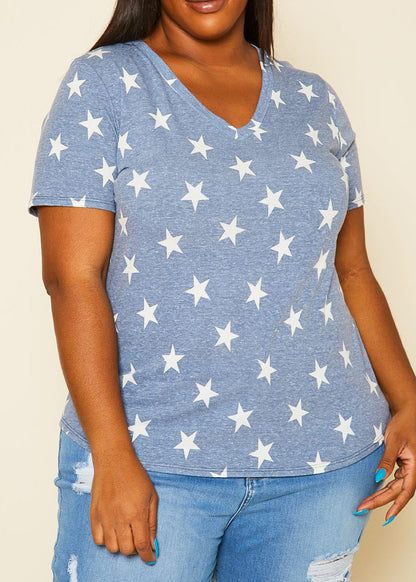 HI Curvy Plus Size V-Neck Star Pattern Shirt