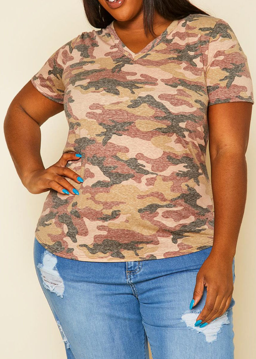 HI Curvy Plus Size Women V-Neck Camo Pattern Shirt