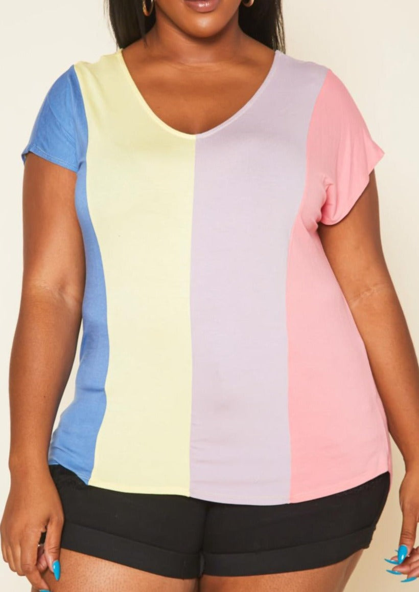 Hi Curvy Plus Size Color Block V Neck Shirt