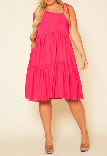 Curvy Plus Size One Sleeve Ruffle Flare Knee Dress made in USA