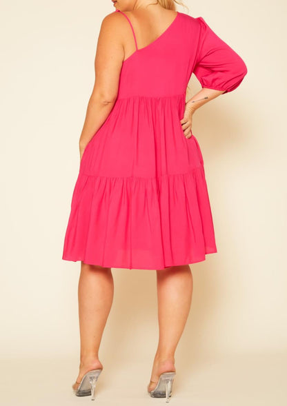 Curvy Plus Size One Sleeve Ruffle Flare Knee Dress made in USA