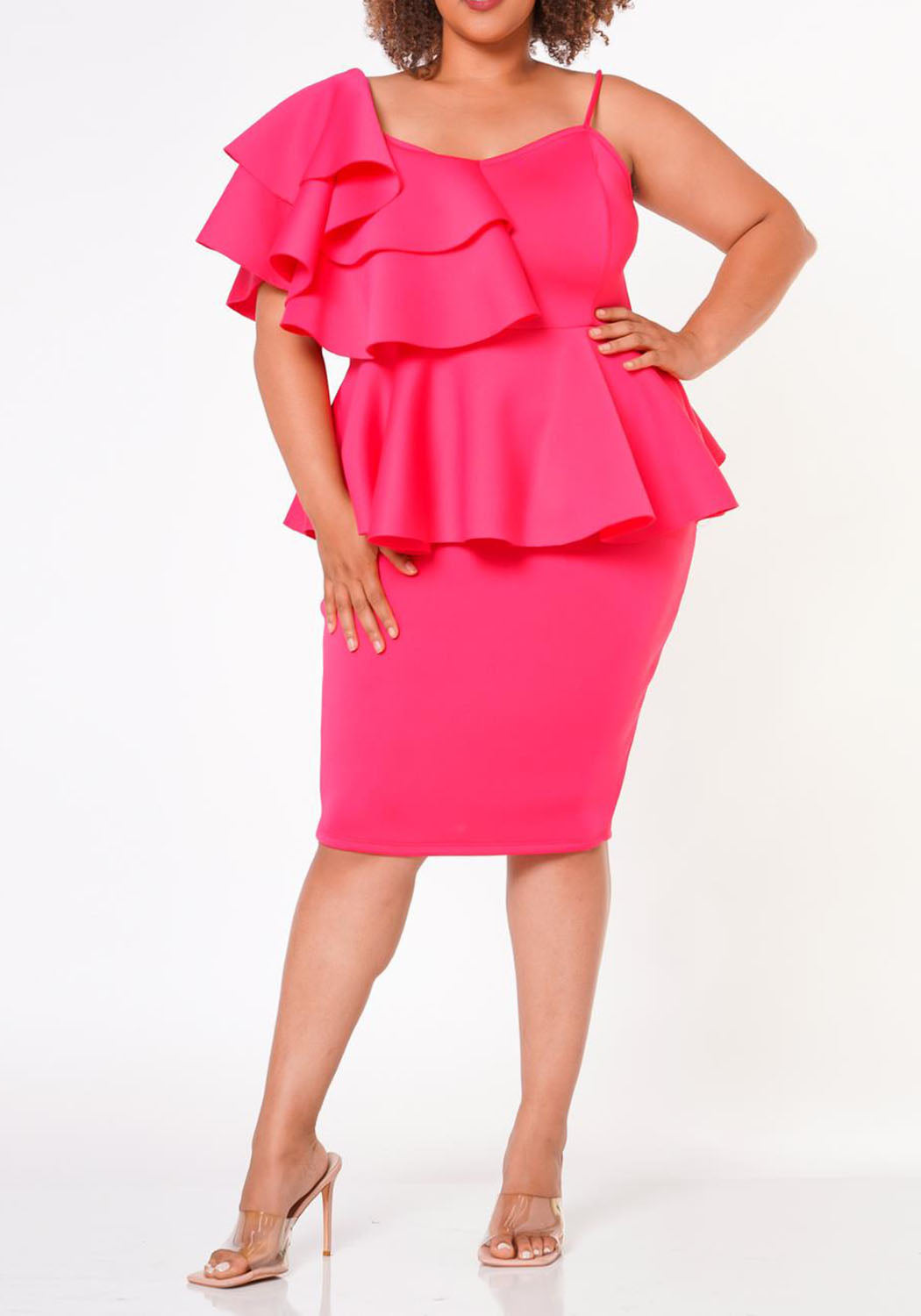 HI Curvy Plus Size Women Ruffle One Sleeve Peplum Dress Made in USA