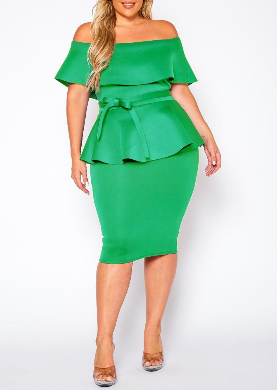 HI Curvy Plus Size Women Off Shoulder Peplum Midi Dress Made In USA