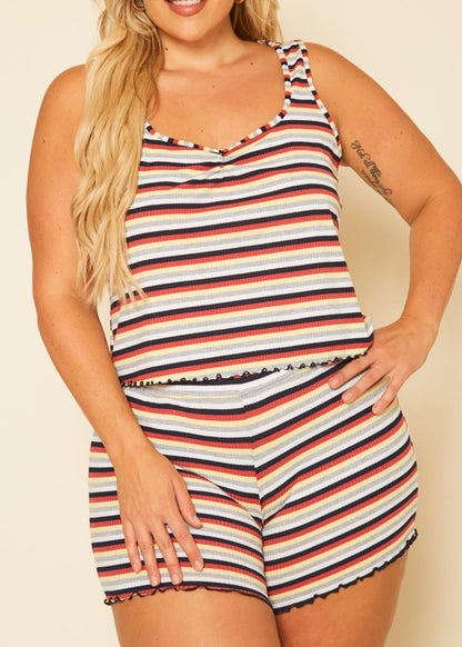 HI Curvy Plus Size Women Multi Striped Tank Top & Shorts Set