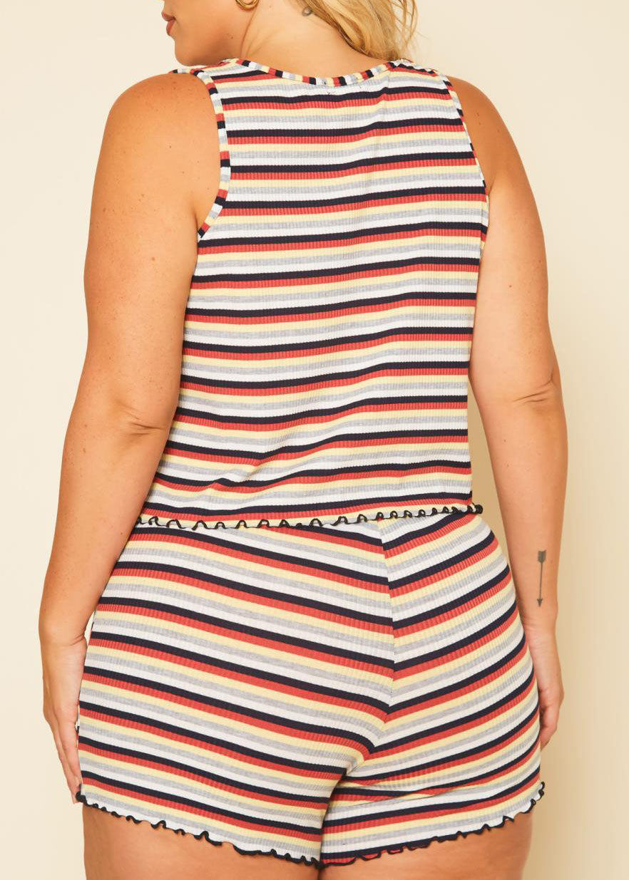 HI Curvy Plus Size Women Multi Striped Tank Top & Shorts Set