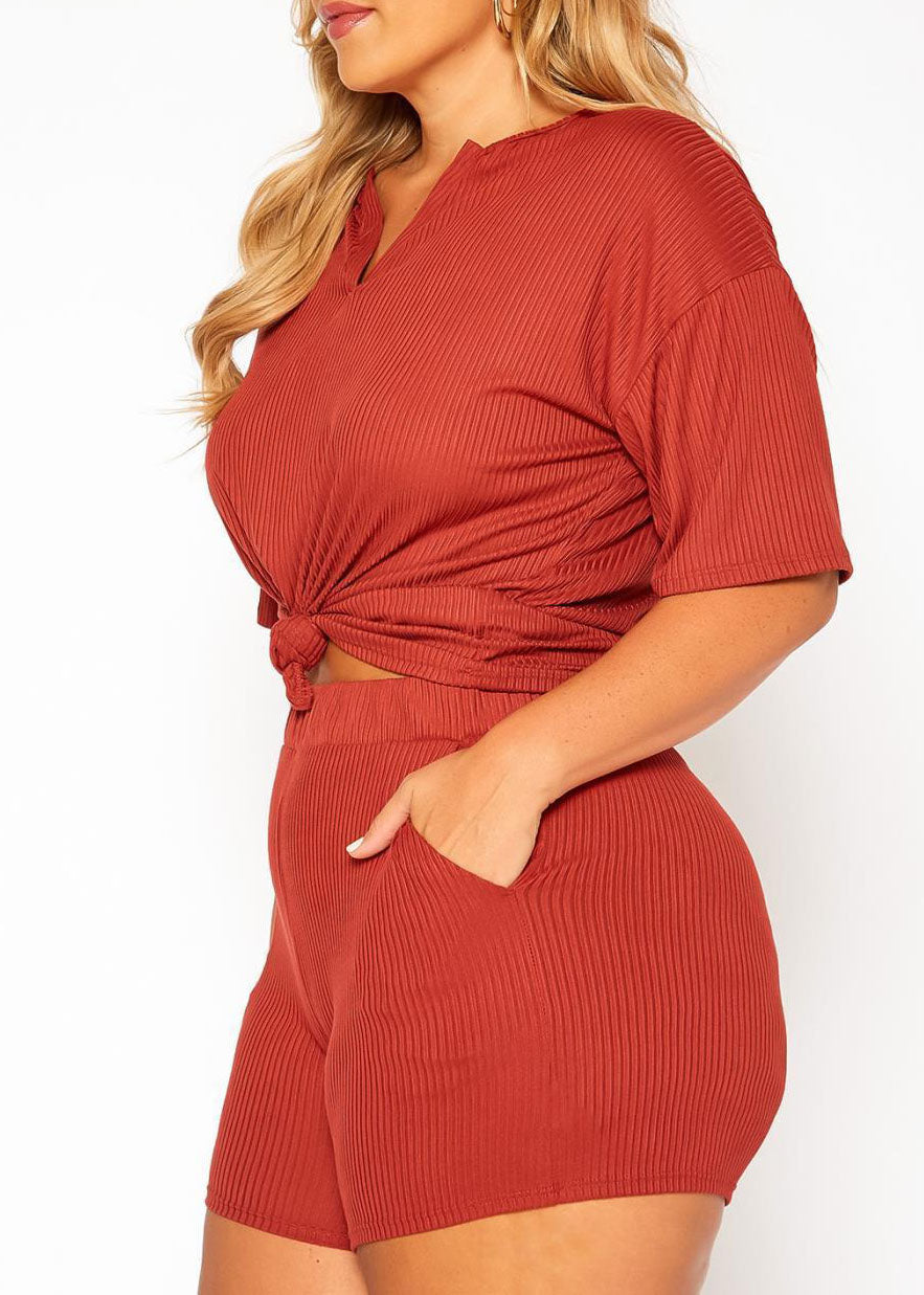HI Curvy Plus Size Women Ribbed Casual T Shirt & Shorts Set With Pockets