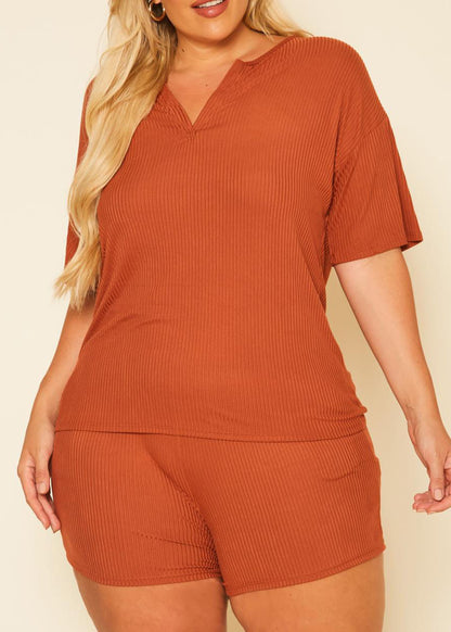 HI Curvy Plus Size Women Ribbed Casual T Shirt & Shorts Set With Pockets