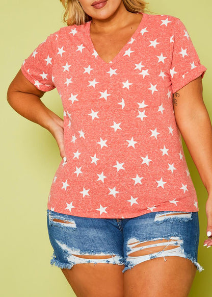 Hi Curvy Plus Size Women Star Print V-Neck T-Shirts