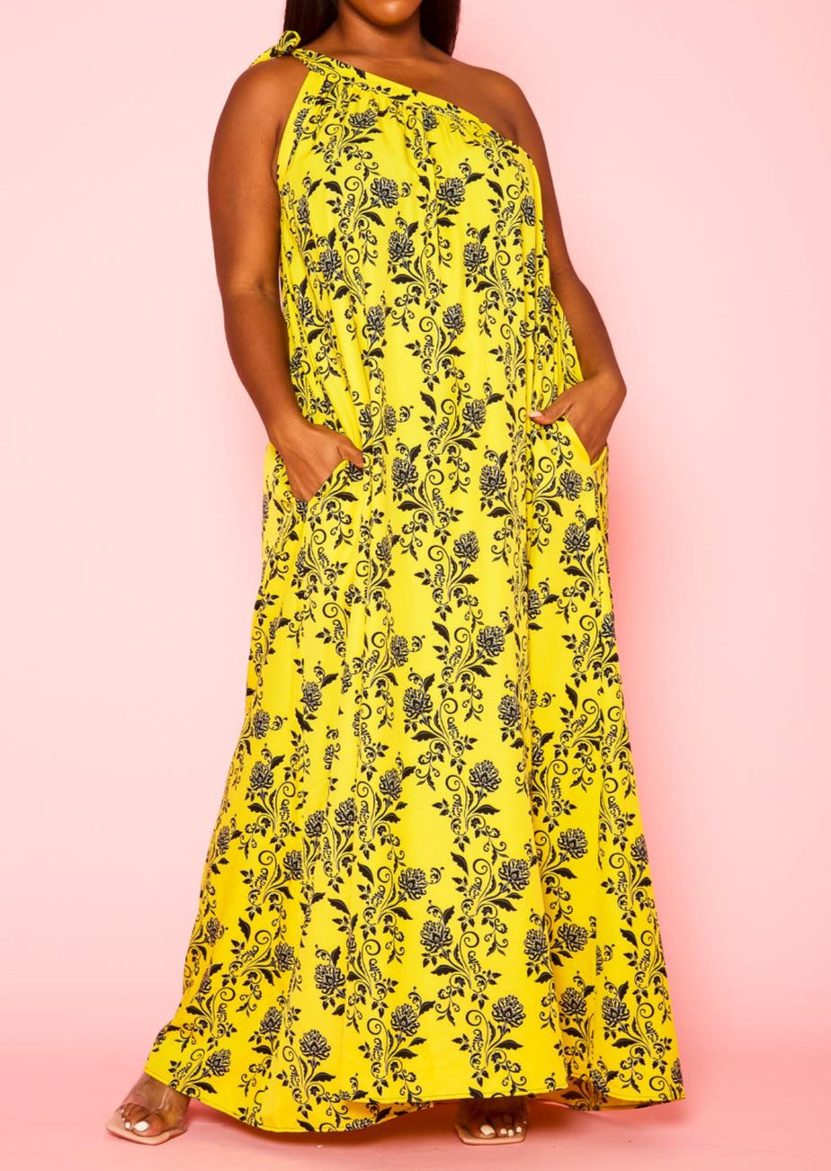 Hi Curvy Plus Size Women One Shoulder Floral Print Maxi Dress
