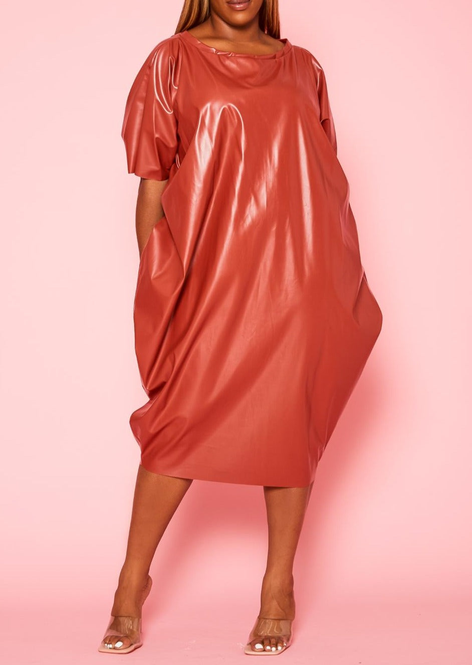 Hi Curvy Plus Size Women Faux Leather Oversized Shirt Dress