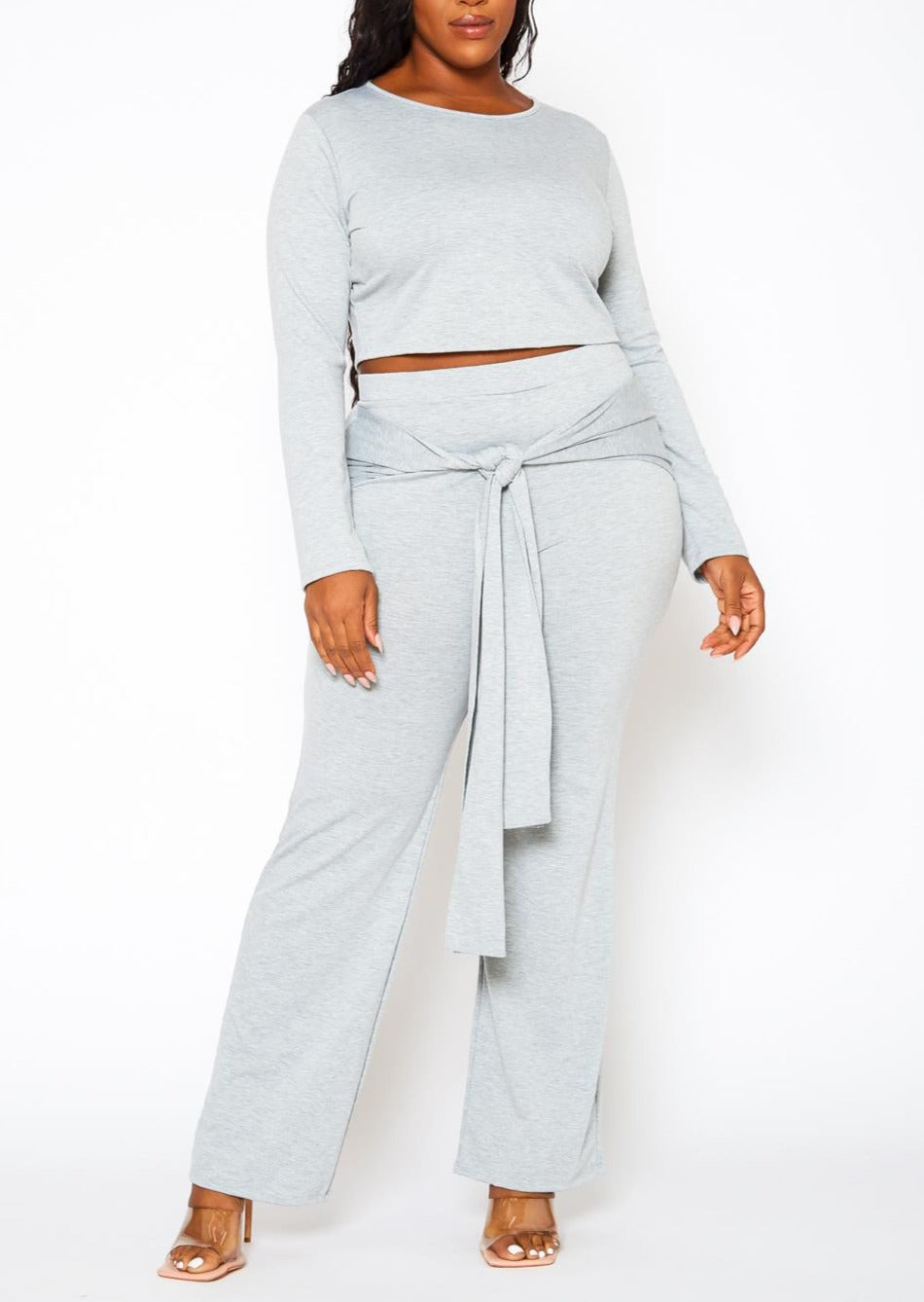 Hi Curvy Plus Size Women Crop Sweater & Belted Flare Pants Set