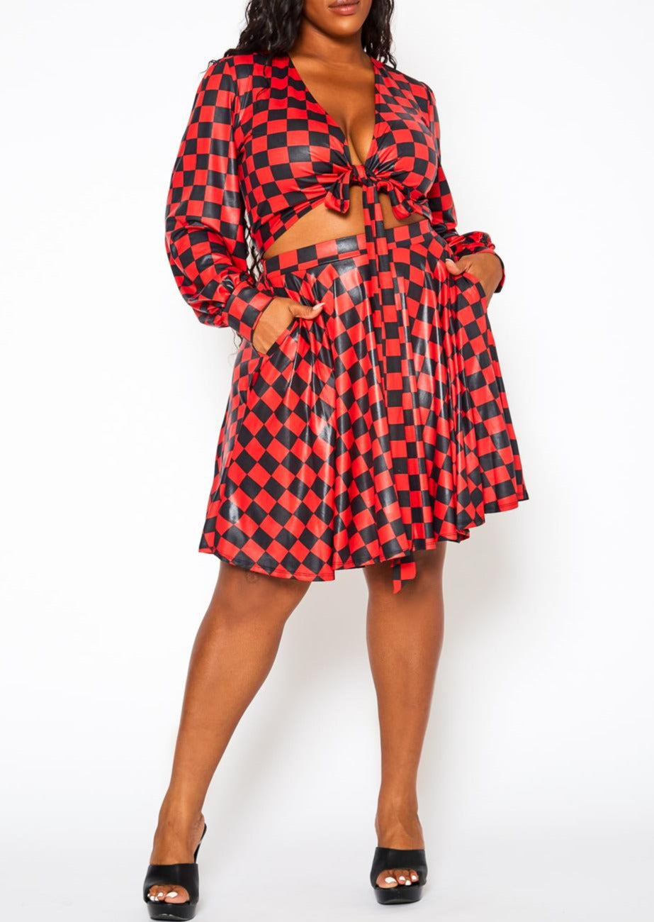 Hi Curvy Plus Size Checkered Print Wrap Top &amp; Pleated Skirt Set