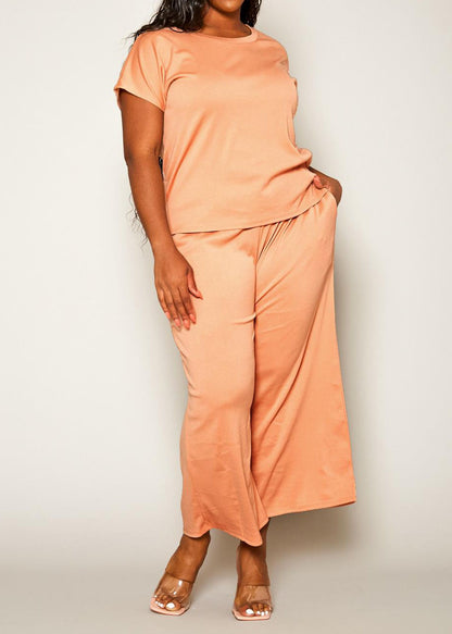 Hi Curvy Plus Size Casual T Shirt & Flare Pants Set With pockets