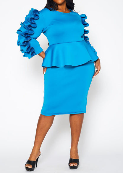 HI Curvy Plus Size Women Ruffle Hem Peplum Midi Dress made in USA